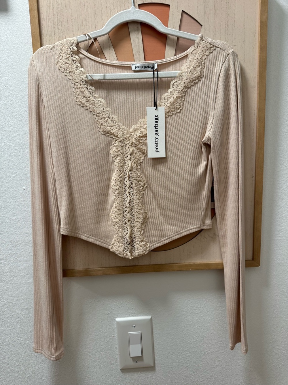 PrettyGarbage Cream Lace-Trim Ribbed Long-Sleeve Crop Top
